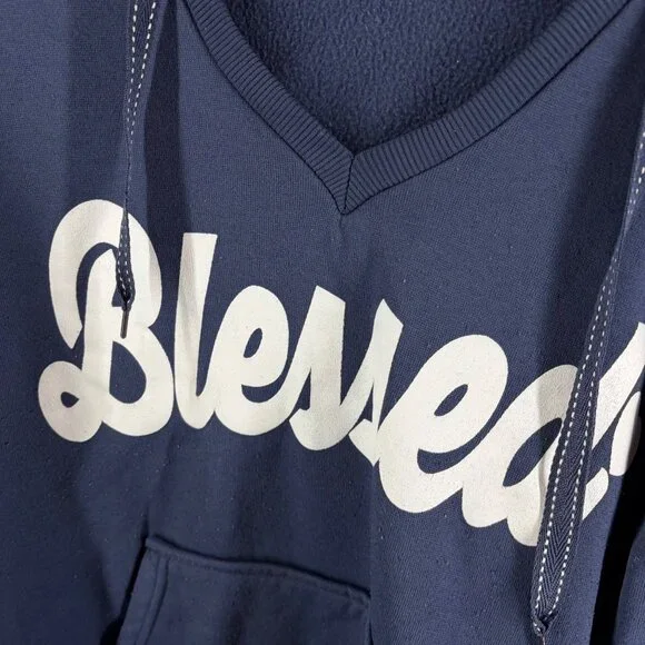 Blessed Navy Blue Hoodie With White Heart Elbow Patches & Kangaroo Pocket Polyes - Picture 3 of 8